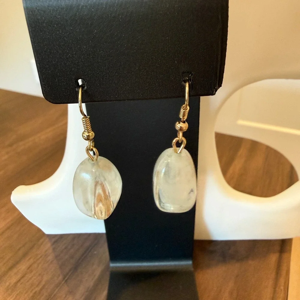 Boho Artisan Clear Glass Drop Earrings Gold Tone Dangle Minimalist